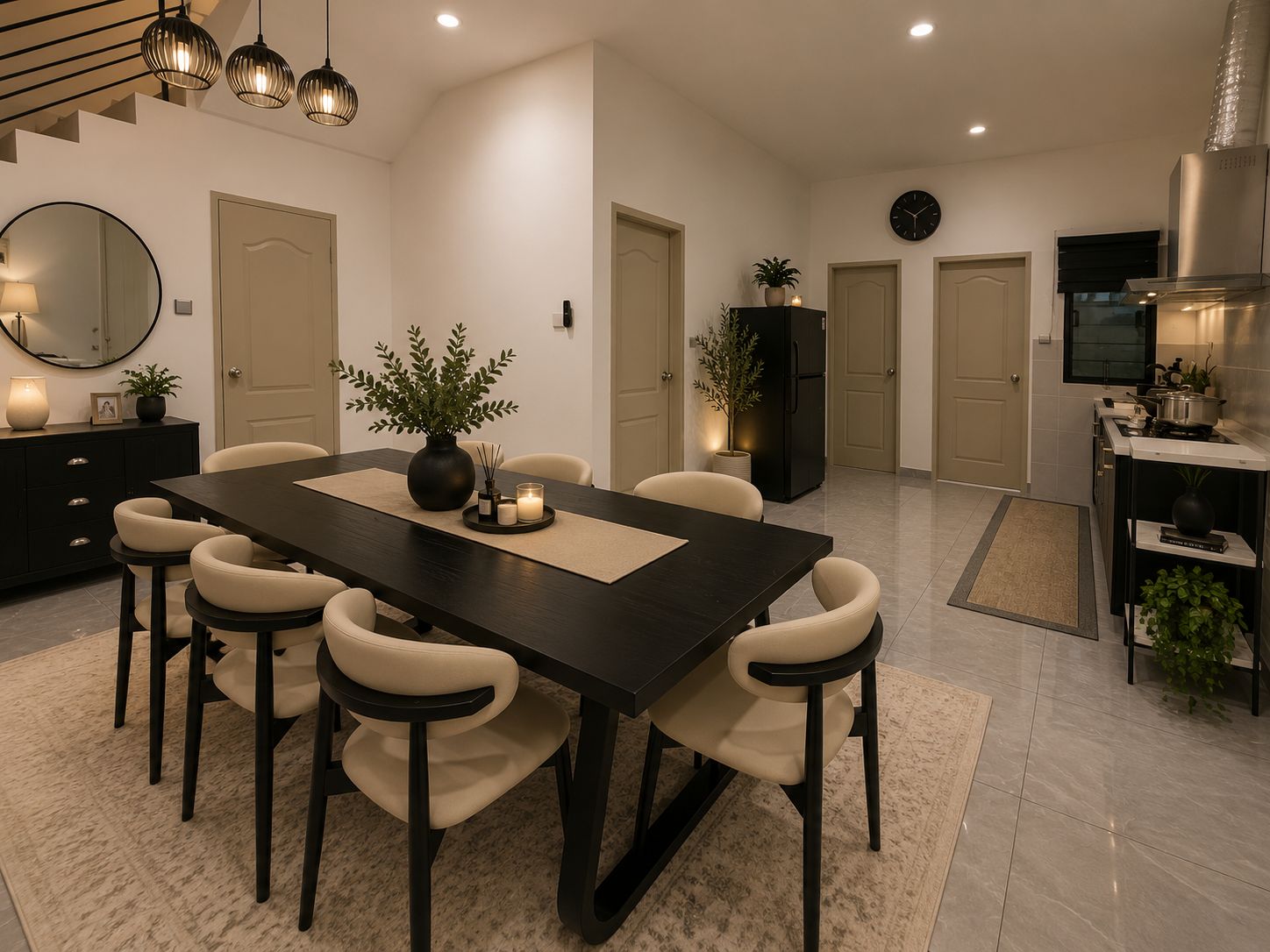 Warm and spacious living room with soft seating and ambient lighting